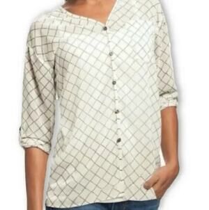 CAbi Blouse Womens S Black White Windowpane Plaid Roll Tab Sleeve Button Front